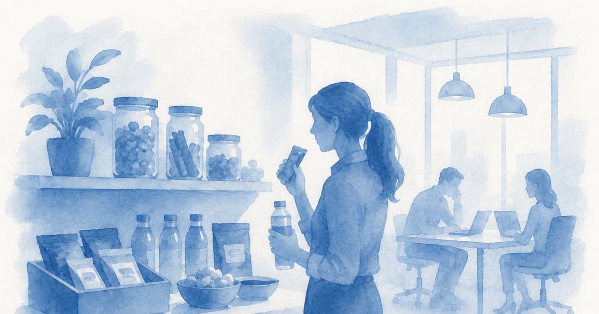 Employee choosing snacks and drinks from a well-stocked office pantry