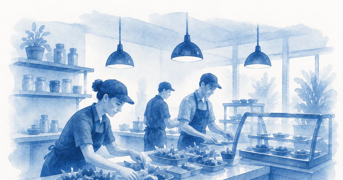 Kitchen team preparing meals for a structured workplace food program